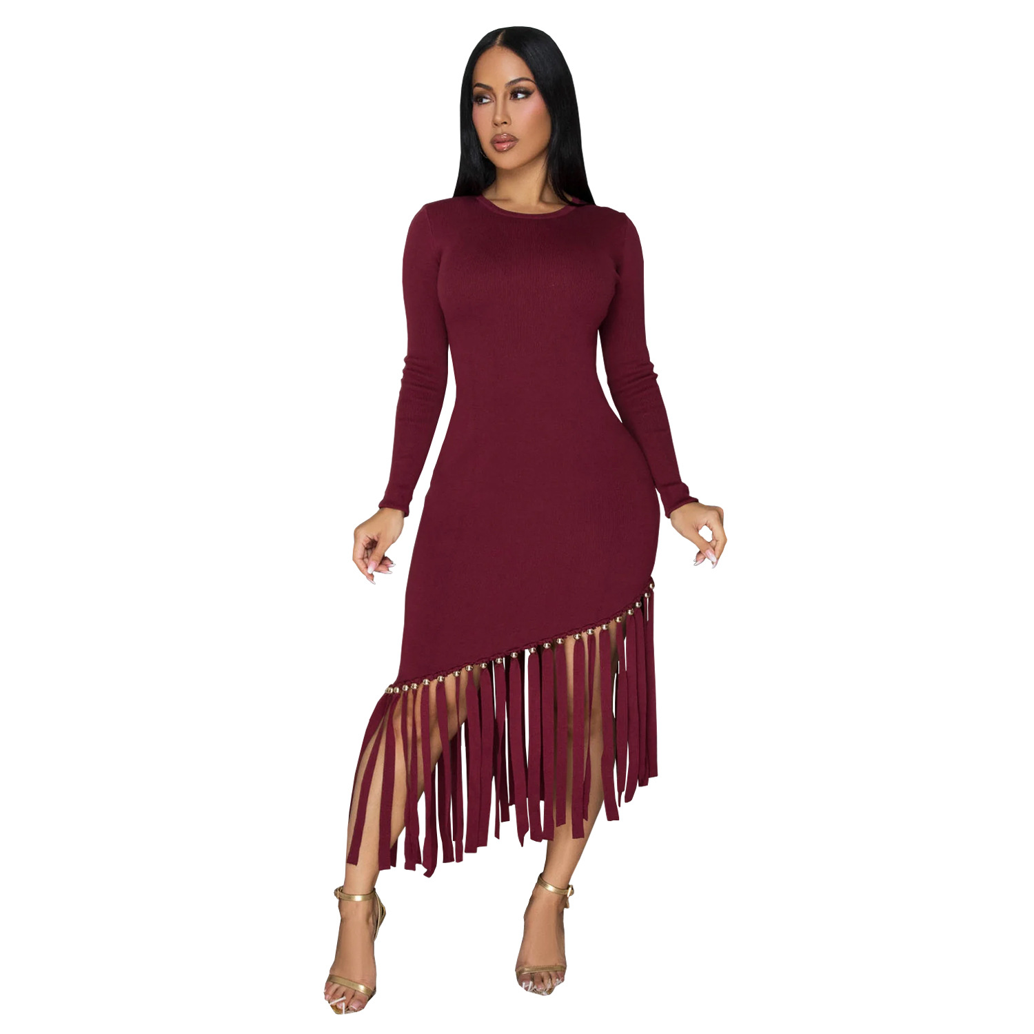 C7533 Aliexpress transfronterizo Amazon Europa y América moda femenina delgada de color sólido cuello redondo bordilla vestido de lados