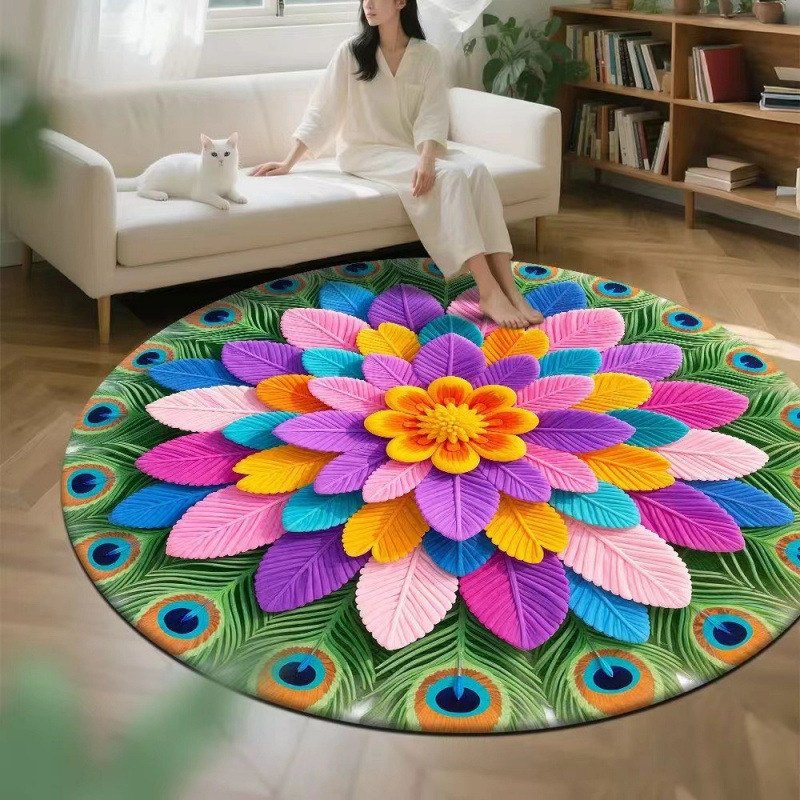 3D效果孔雀花卉圆形水晶绒印花地毯家用装饰客厅防滑易打理沙发毯|undefined