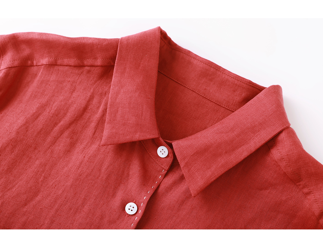 Áo sơ mi nữ linen chất lượng cao, phong cách cổ điển thư giãn, dáng rộng mùa hè — Đỏ Vermilion chi tiết 35