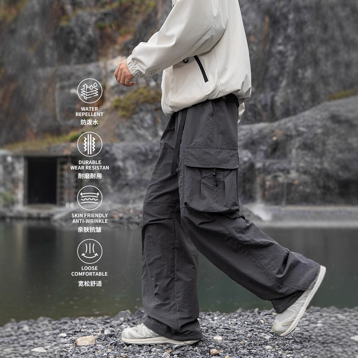 Izexx Trendy Outdoor Hiking Waterproof Work Pants Unisex Loose Lightweight Durable Hiking Functional Pants