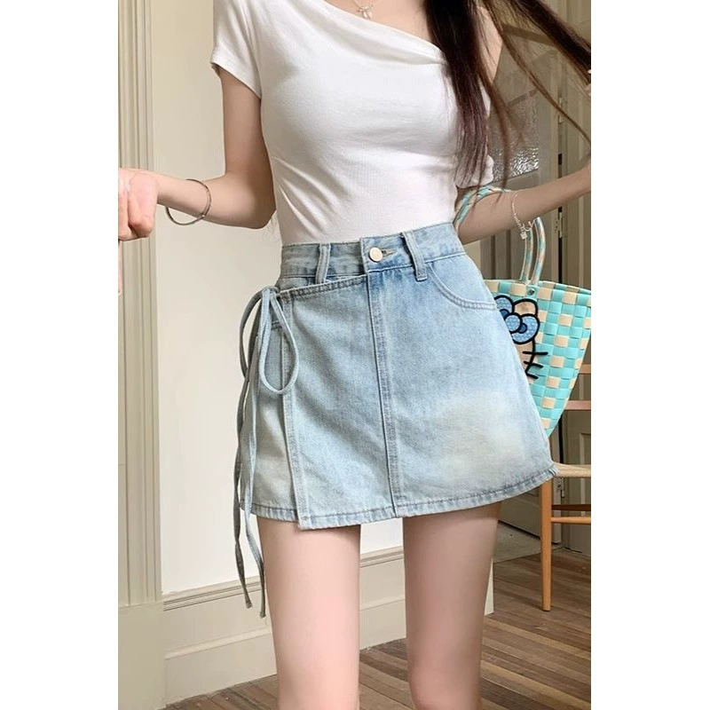 Джинсовая юбка больших размеров в стиле ретро для женщин летом, короткая юбка-трапеция с высокой талией, закрывающая бедра, для похудения, с высокой талией, защищающая от воздействия окружающей среды.