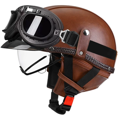Motosiklet kaskı (dəbilqə) — car helmet Japanese scoop helmet - brown-leather-transparent-black-frame-mirror-m