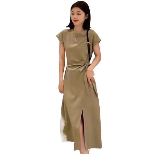 Women's Summer Design Felt Belt Short Sleeve Dress Commute Youth Simple High Slit Long Dress 200 Pounds