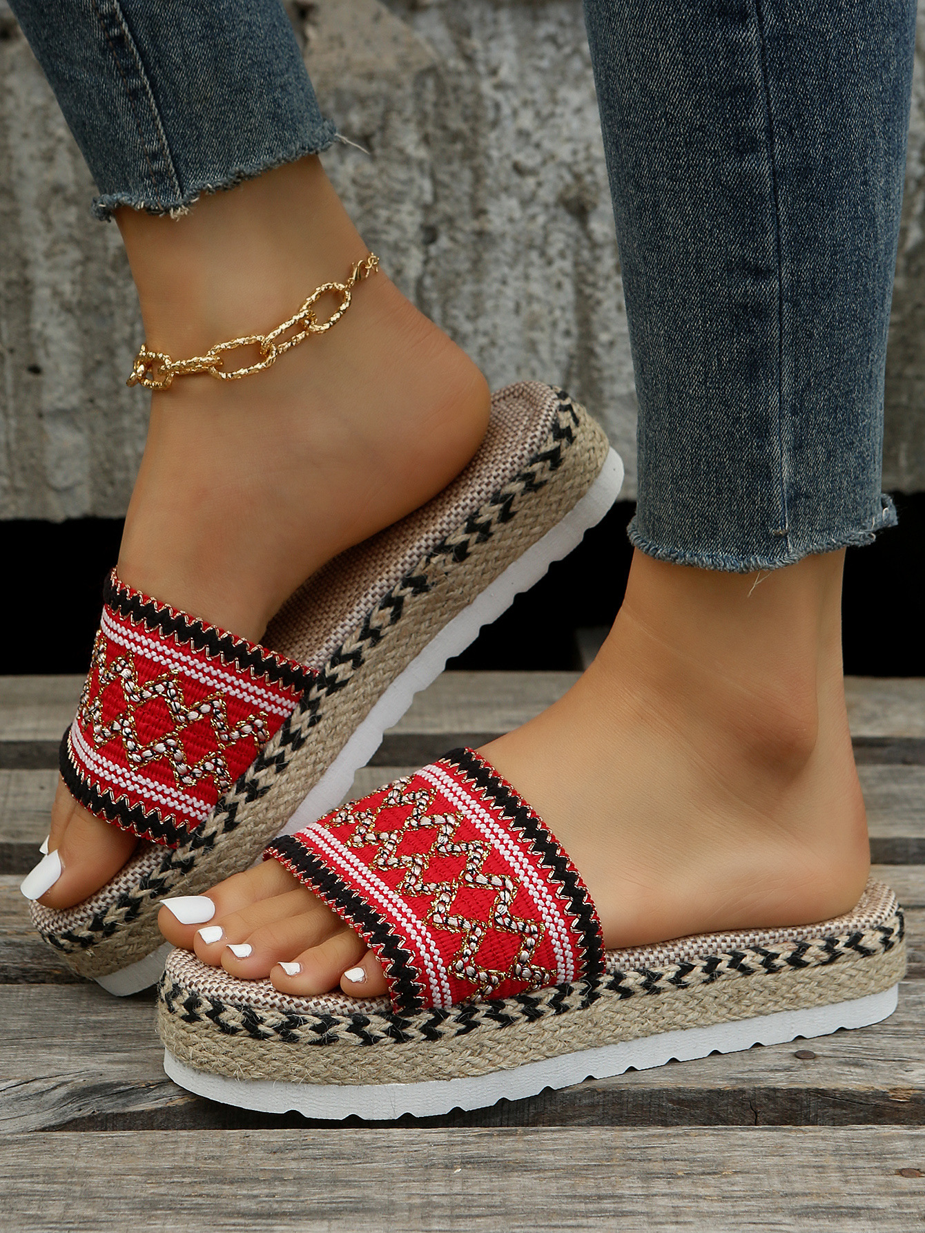 Pantoufles décontractées à semelle épaisse pour femmes, nouveau Style ethnique, en corde de chanvre, bloc de couleur, été 2023_voghion.com