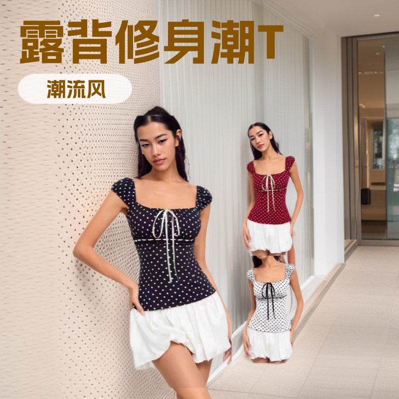 European and American Tankini New Style Sexy Slim Backless Cross-Border Polka Dot Women's Top Short-Sleeved Skims Base Shirt