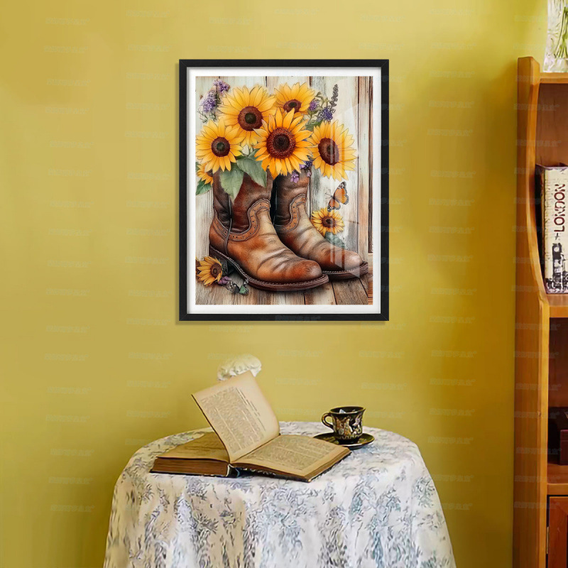 Mona Lisa real girasol de bordado cruzado y viejos zapatos de cuero nuevo estilo minimalista estética pequeña sala de estar bordado