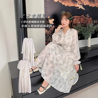 现货k2689大码女装法式蝴蝶碎花裙连衣裙子微胖mm长款裙子