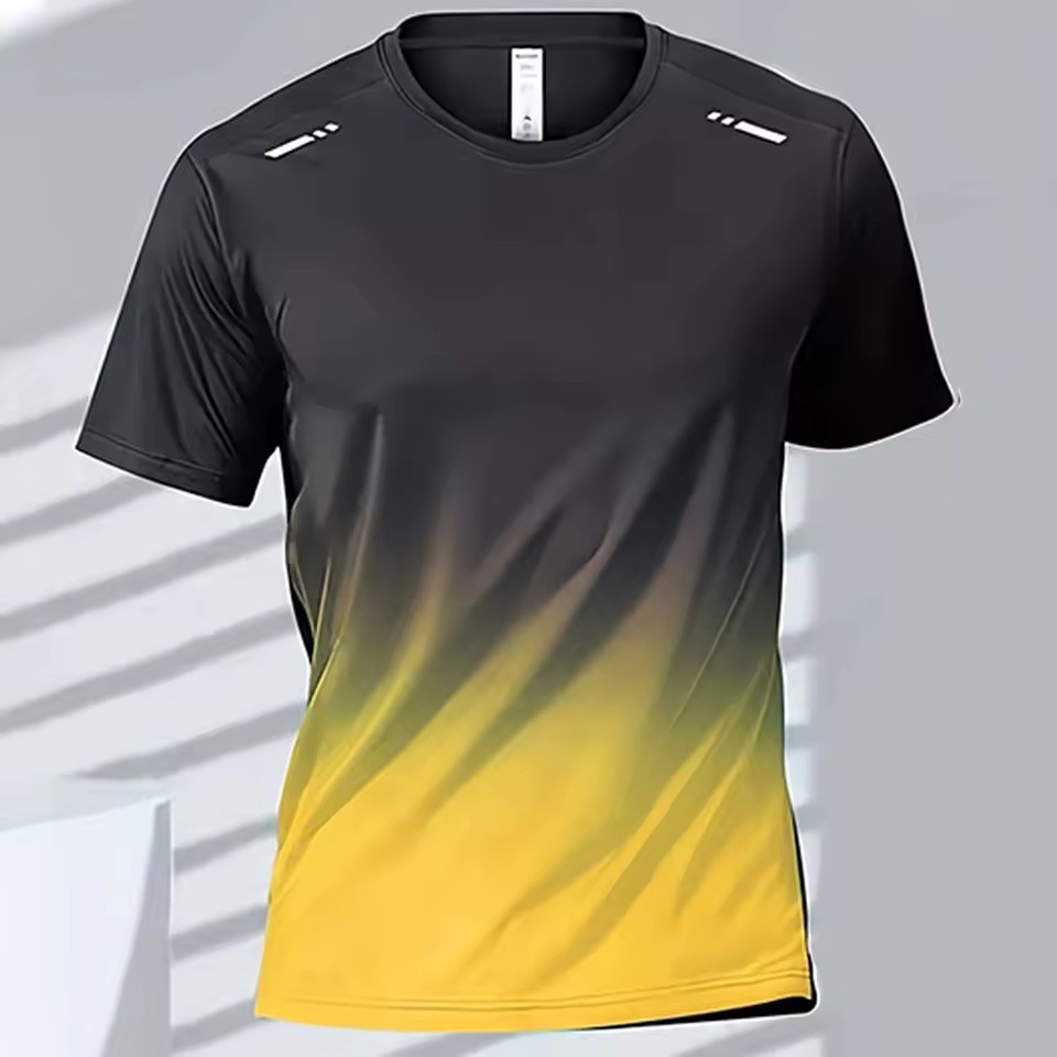 Trend gradiente 3D impresión digital para hombres deportes de verano malla suelta transpirable manga corta cuello redondo camiseta