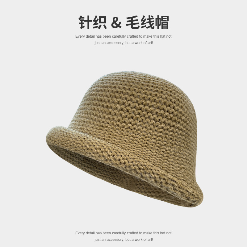 日系卷边纯色百搭渔夫帽子女秋冬季保暖针织毛线帽时尚优雅盆帽|undefined
