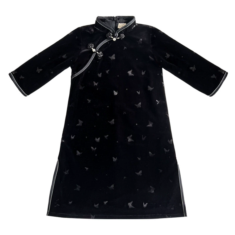 Velvet dress, skirt, long-sleeve, retro black children's cheongsam, autumn, Chinese style