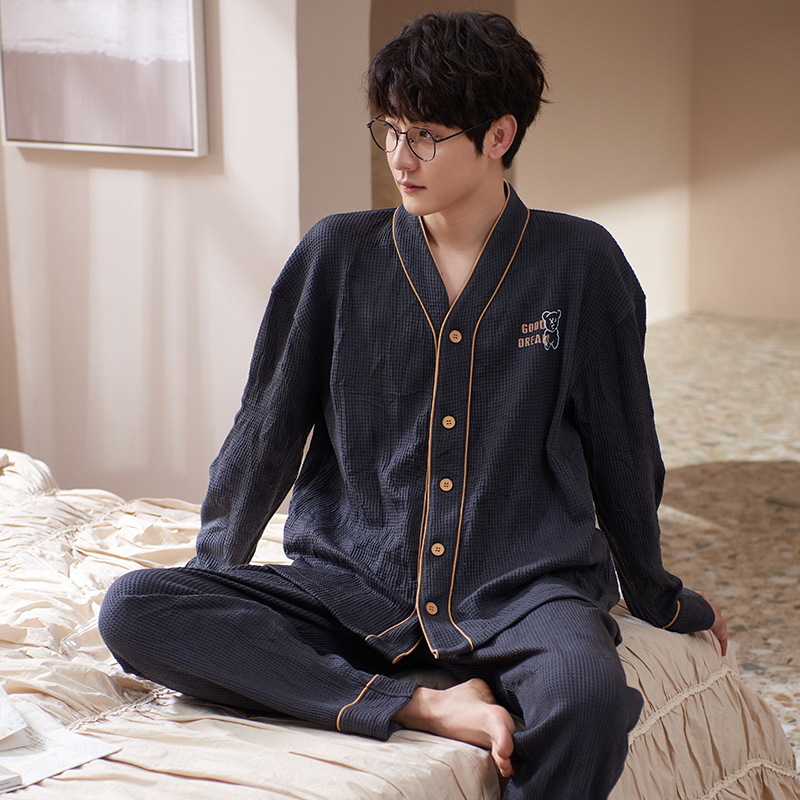 Jiao caimeng pijamas de hombre Verano de algodón primavera y otoño cardigan manga larga 2022 nuevos hombres ropa de hogar simple