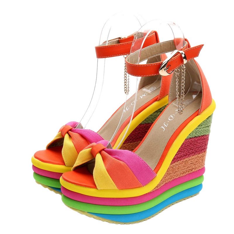 Cross-Border Foreign Trade Wholesale Summer New Style Ultra-High Heel Wedge Sandals Straw Woven Peep-Toe Roman Rainbow Size 43 Large Size Women's Shoes