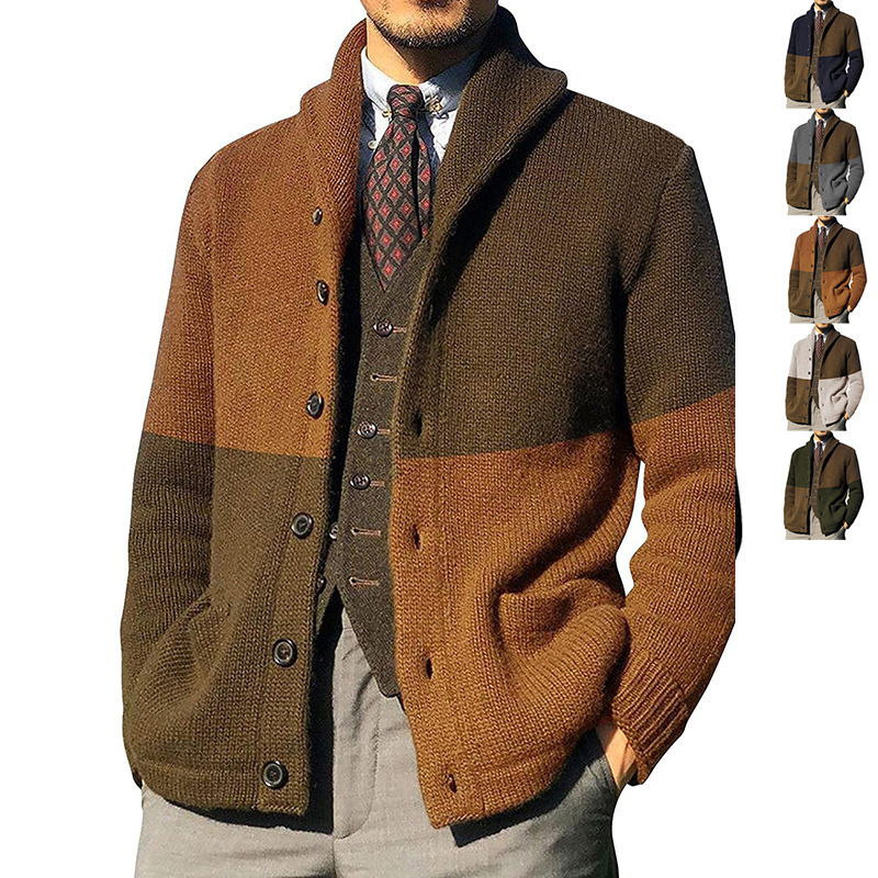 2021 Amazon Sweater Cardigan Color-blocking Button Long-sleeved Knitted Jacket European and American Autumn and Winter New Large Size Sweater for Men