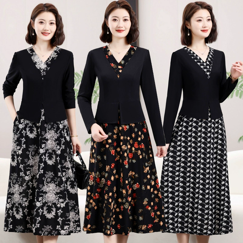 Весенний и осенний новый поддельный сшитый юбка из двух частей 2025 эластичная мама тонкая модное платье темперамент леди