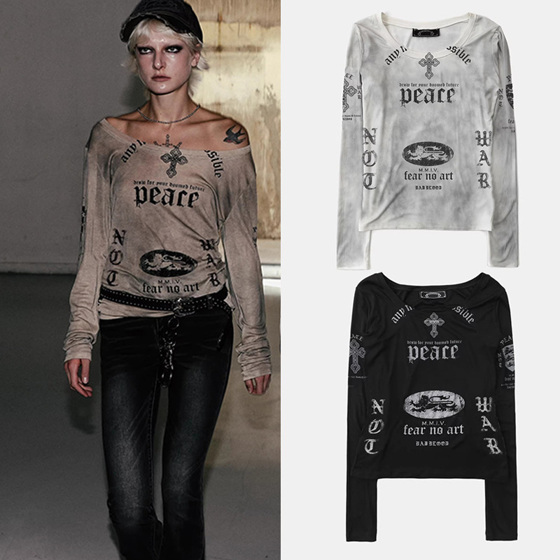 Badblood American Retro One-Line Collar Top Sexy Sexy Tie-Dye Early Autumn Street Distressed Printed T-Shirt for Women