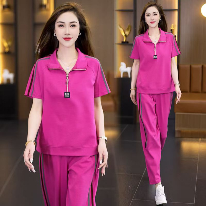 时尚运动服套装女2025夏季新款韩版休闲妈妈装显瘦跑步服两件套潮|undefined