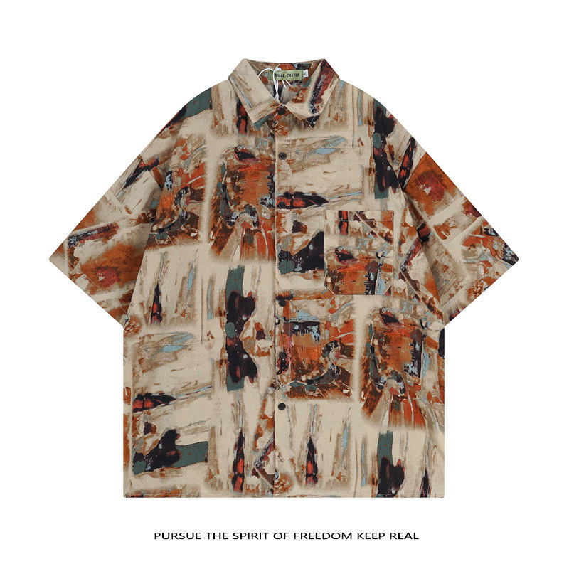 Hong Kong-style retro art graffiti oil painting print short-sleeve shirt for men, summer design with a niche, casual boyfriend style