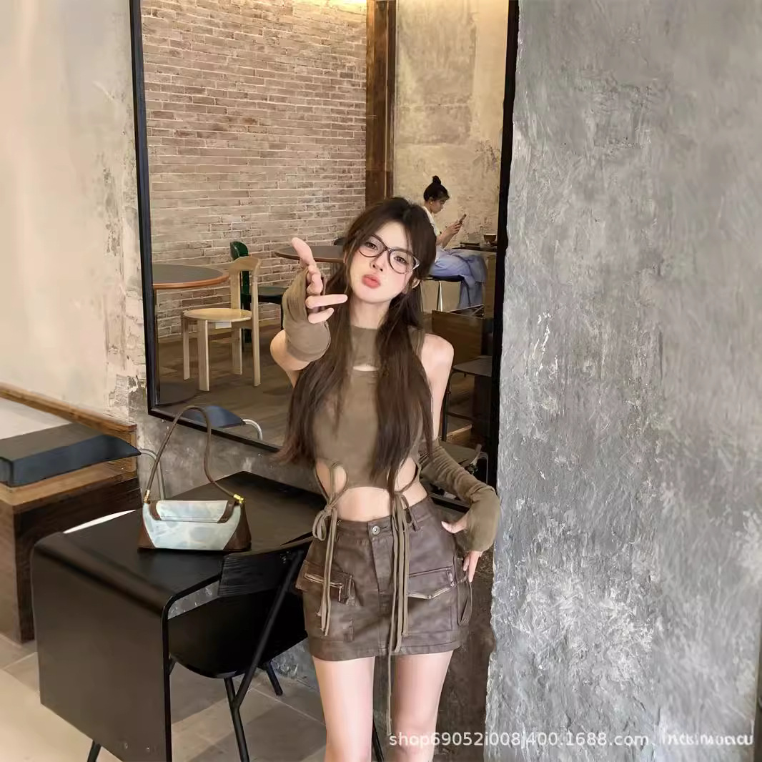 卡其色破洞连帽T恤女夏季小众别致美式辣妹系带修身短款袖套上衣