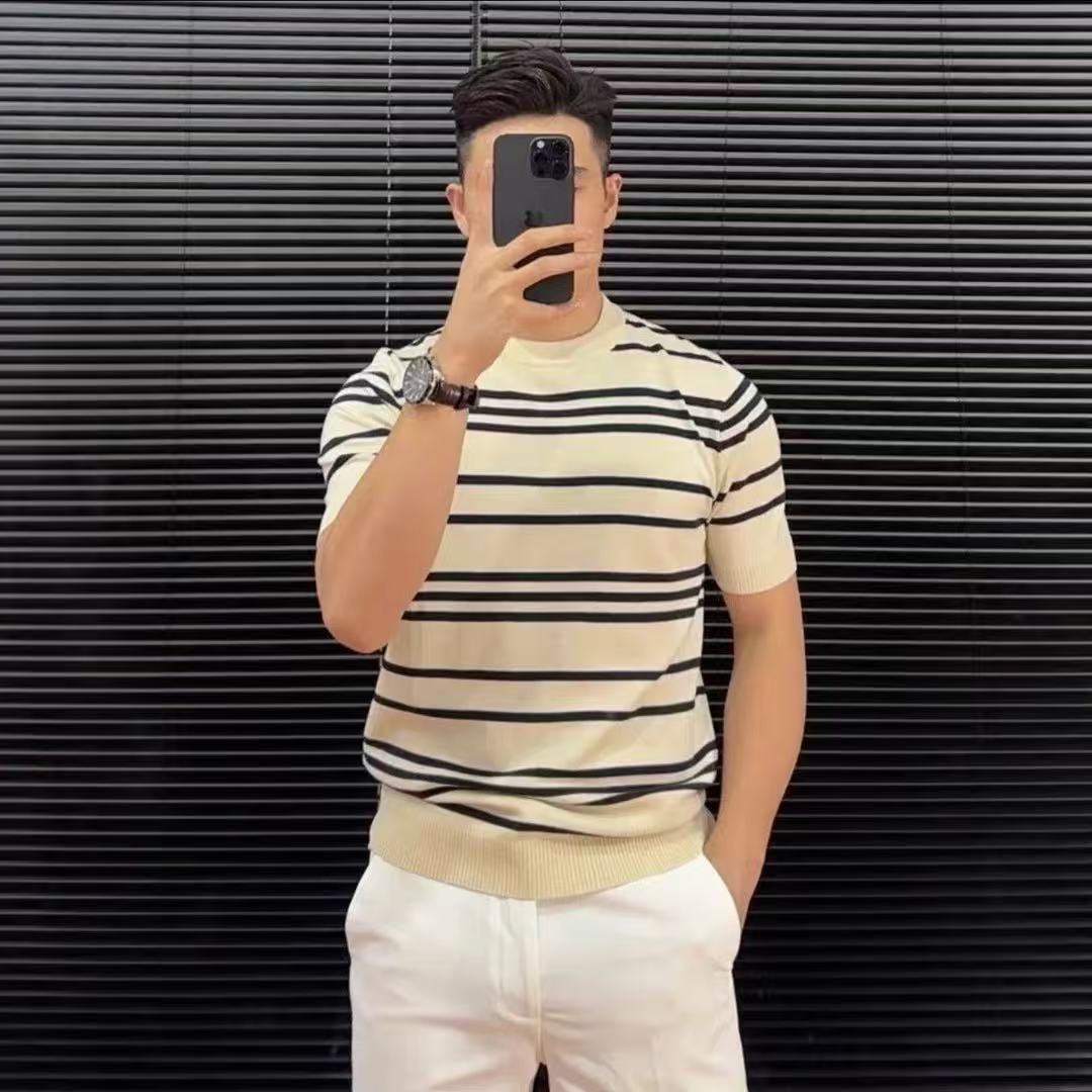 Prendas de punto de manga corta a rayas para hombres, seda de hielo de verano, transpirable, estilo fino, casual, negocios, salvaje, comercio exterior coreano, venta al por mayor transfronteriza