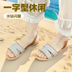 外贸夏季凉拖女罗马风旅行 烫钻一字凉拖民宿欧美大码平底拖鞋