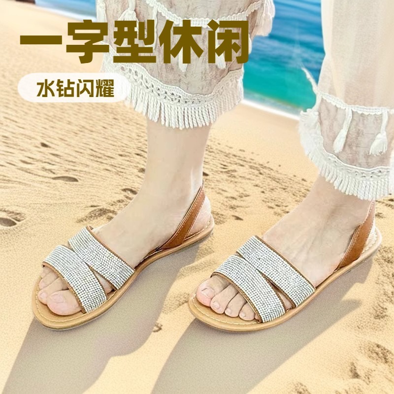 外贸夏季凉拖女罗马风旅行 烫钻一字凉拖民宿欧美大码平底拖鞋|undefined