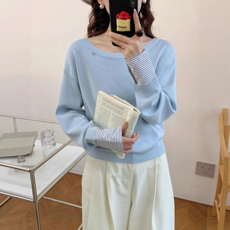 KANING斜肩条纹袖口拼接针织衫女2025秋冬新款假两件宽松显瘦毛衣|undefined