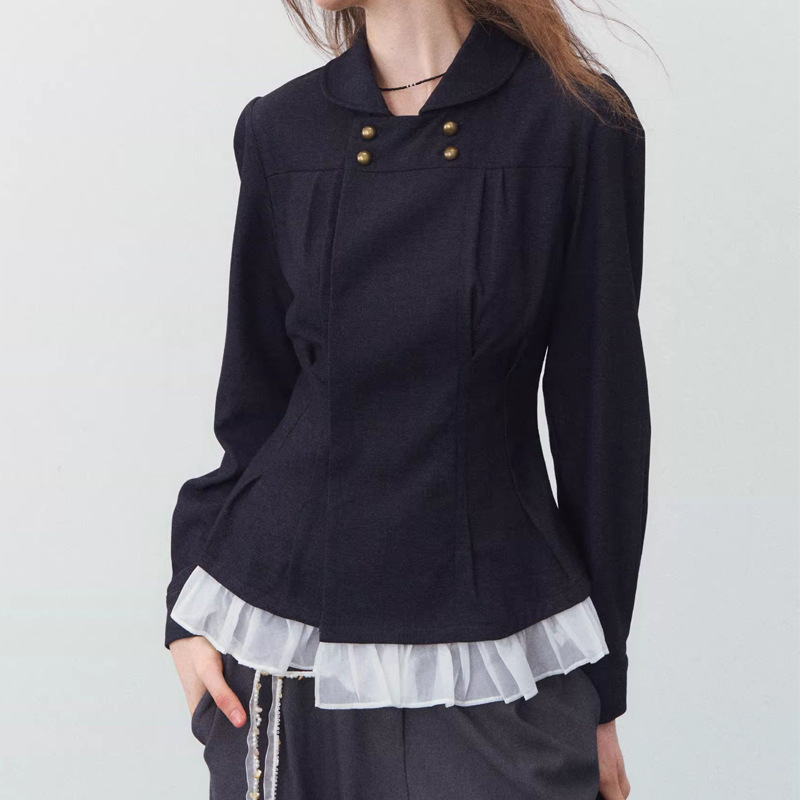 "Indispensable" Double-Breasted Denim Pleated Waist-Cinching Shirt, Commuter Top, Jacket with a Vintage Slimming Design "Indispensable" Double-Breasted Denim Pleated Waist-Cinching Shirt, Commuter Top, Jacket with a Vintage Slimming Design