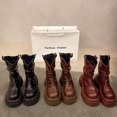厚底马丁靴女2025年新款秋冬季松糕增高显瘦褶皱堆堆靴小个子女鞋