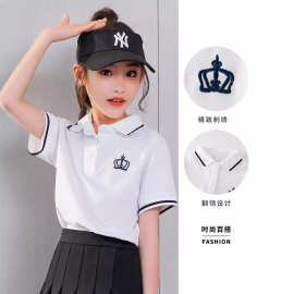 女童t恤短袖套装2024新款夏装大童学院风polo衫儿童白色运动校服