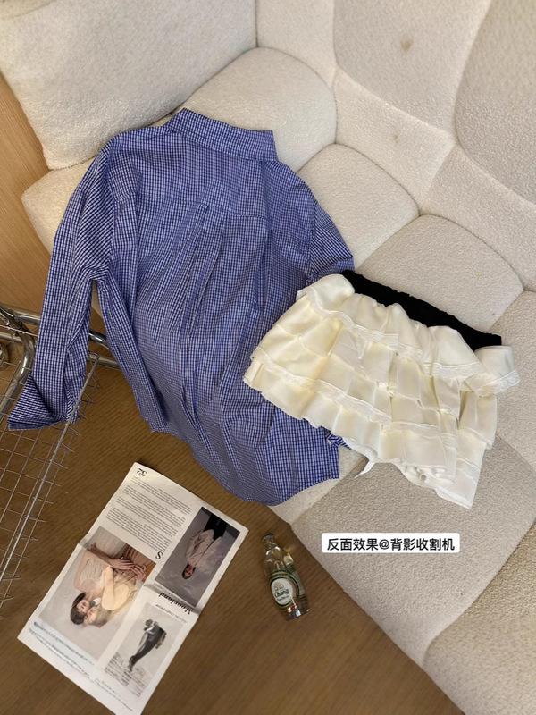 ミウ家グレー系文字刺繍知性系重ね着チェック柄シャツバレエガールパフスカートセット|undefined