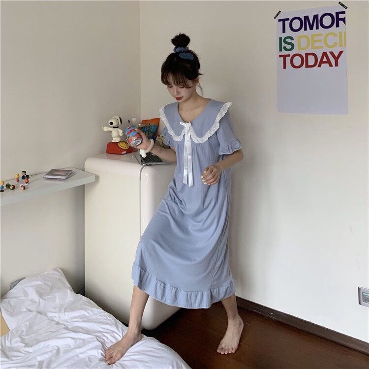 Pijama de verano de mangas cortas cuello de muñeca dulce hadas corte coreana estudiante pijama princesa vestido de viento