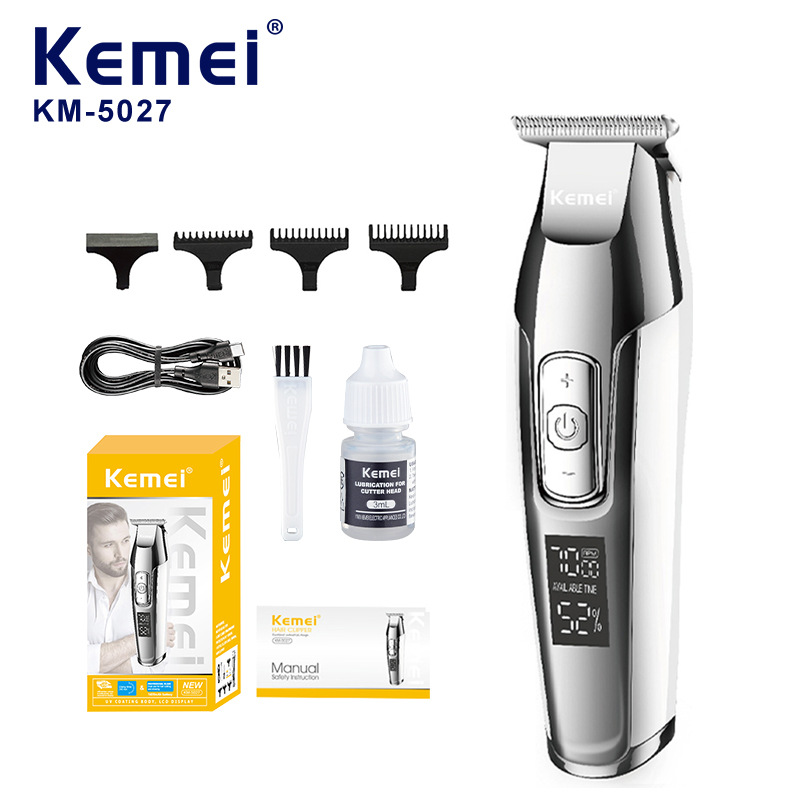 Cortadora de Pelo Kemei KM-5027, Cortadora Eléctrica Silenciosa de Voltaje Amplio con Pantalla Digital, Cortadora de Cabello Recargable con Cabezal de Aceite, Recortadora de Precisión
