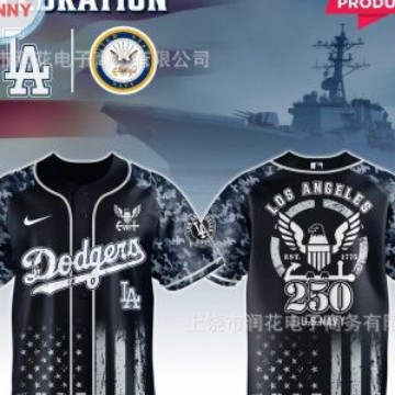 2026美式3D道奇队国旗满印棒球短袖开衫海军纪念翅膀徽章宽松球衣