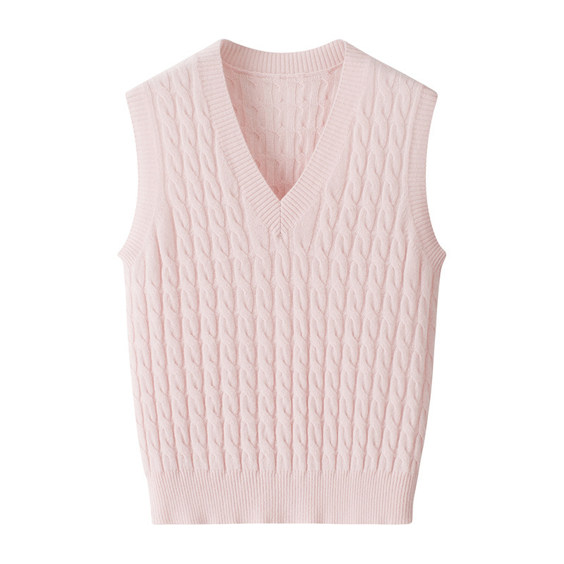 12-Stitch Cable Knit Layered V-Neck Women's Warm Vest Pure Color Cashmere Preppy Style Cable Knit Vest
