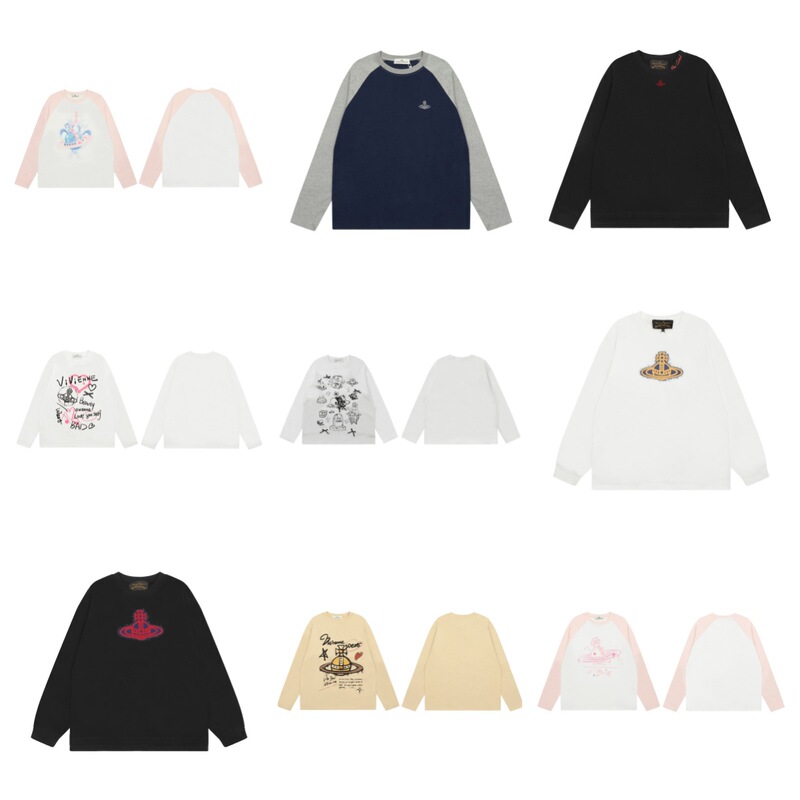 25Ss Trendy Brand Correct Version Vivi Queen Mother Hand-Painted Embroider Cartoon Print Long-Sleeved Classic Versatile Raglan Sleeve t