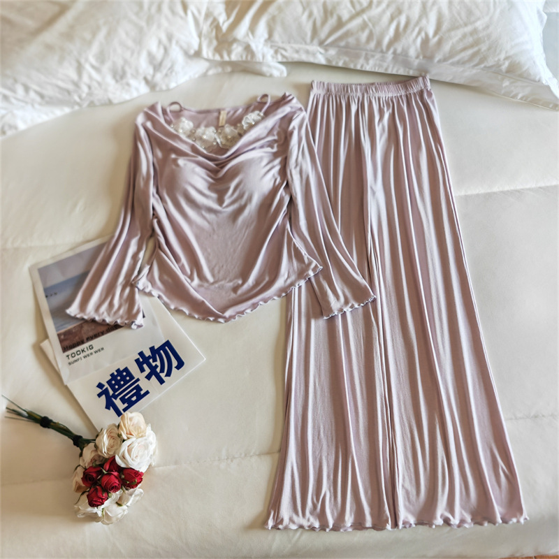 莫代爾睡衣女春秋季長袖帶胸墊一體甜美網紅風可外穿家居服兩件套