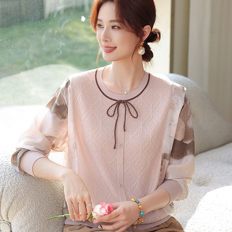 Shanlida Di Young Mom's Spring Outfit with Sheer Sleeves Blouse 2026 New Model for Middle-Aged and Elderly Women, Summer Thin Style with Three-Quarter Sleeves Shanlida Di Young Mom's Spring Outfit with Sheer Sleeves Blouse 2026 New Model for Middle-Aged and Elderly Women, Summer Thin Style with Three-Quarter Sleeves