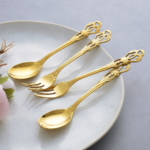 Creative stainless steel gold crown handle coffee stirring spoon three-tooth cake fork dessert fork fruit fork