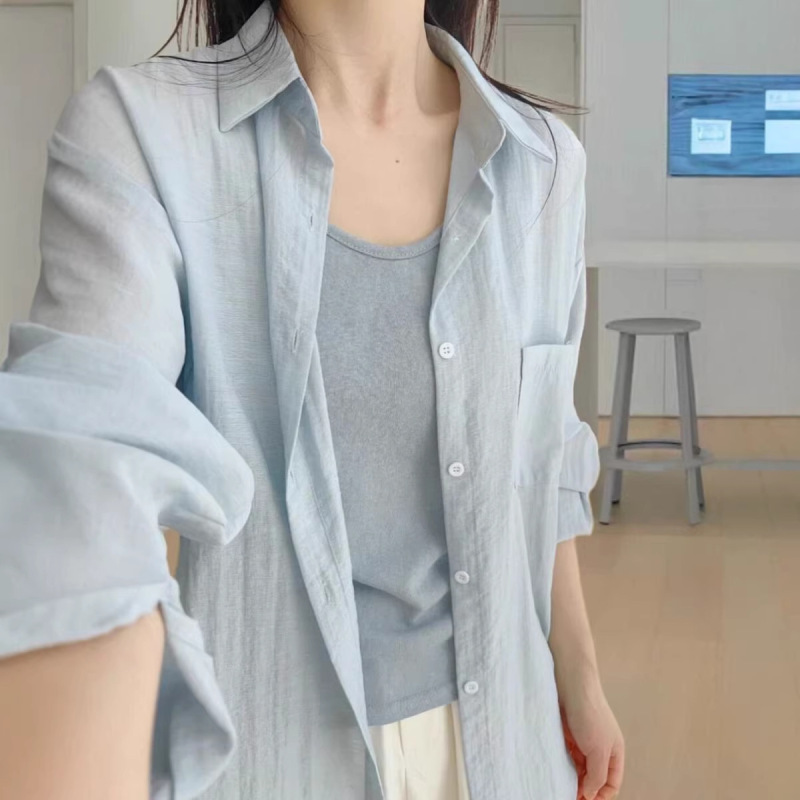 Cotton and Linen Long-Sleeved Sun Protection Shirt for Women, Spring and Autumn Thin Style, Plus Size, Slimming, Loose Fit, Polo Collar Casual Shirt