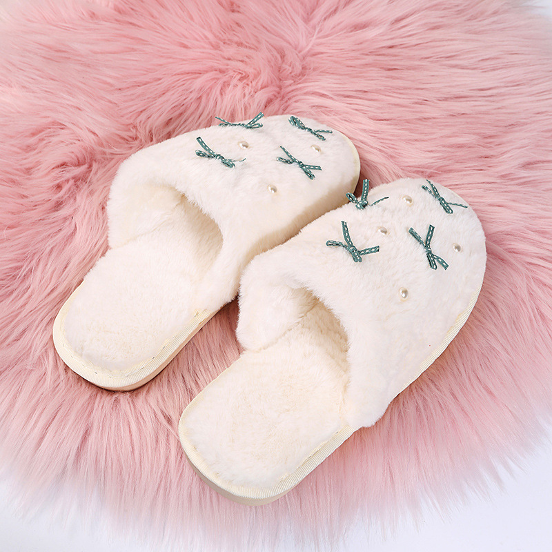 Flat Bottom Warm Bow Pearl Hairy Slippers NSKJX104853