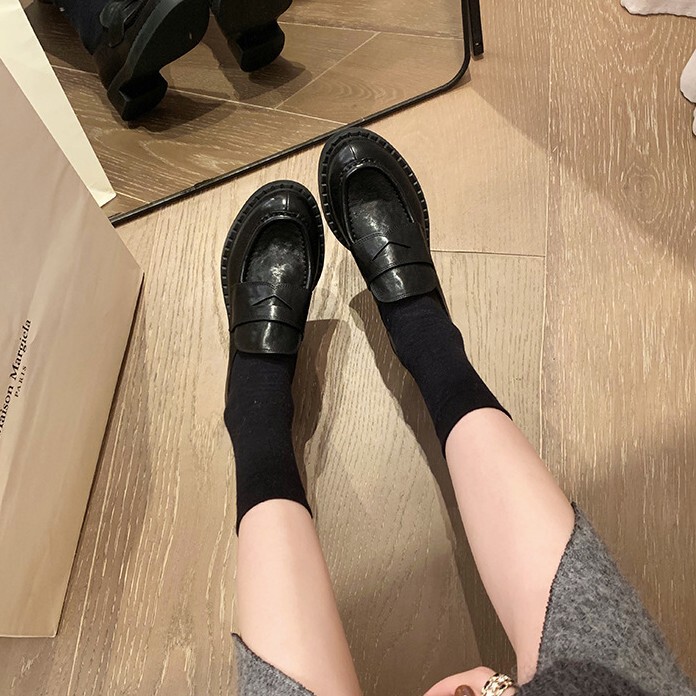 牛皮版复古英伦风小皮鞋女粗跟懒人乐福鞋秋冬真皮厚底一脚蹬女鞋|undefined
