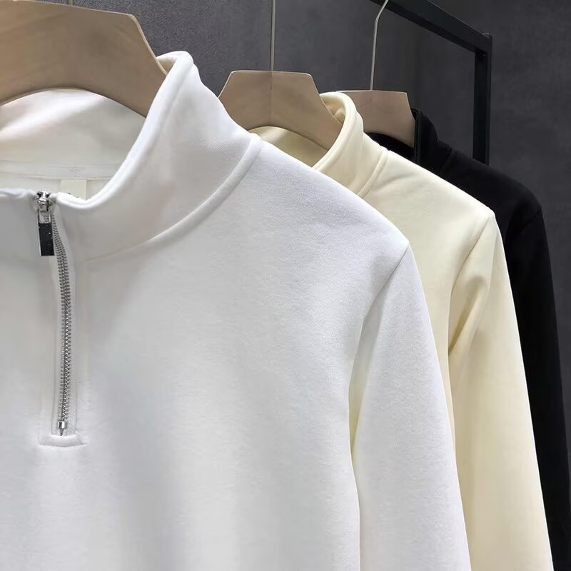 Trendy Brand Hong Kong Style Solid Color Long-sleeved Shirt Men's Fashion American Retro Loose Half-zipper Sweater_viptrois.com