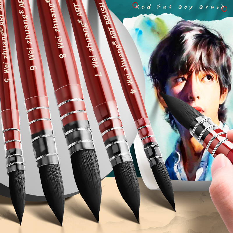 Red Fat Man Watercolor pincel de acuarela de ardilla cabello conjunto de pincel de gancho de cabeza redonda color pincel de arte