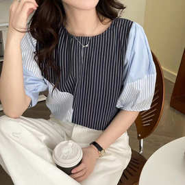 韩国东大门女装春季时尚设计感撞色拼接A字版短袖套头条纹衬衫
