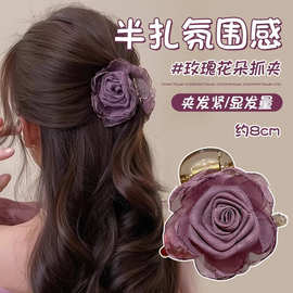新中式山茶花朵半扎发抓夹女夏天盘发夹高级感后脑勺发卡鲨鱼夹子