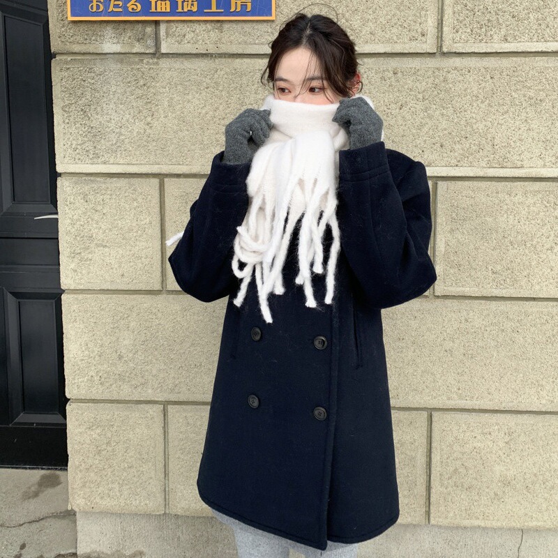 Korean Ins Winter French Retro Style Thick Padded Double-Breasted Loose Wool Coat with Back Slit Korean Ins Winter French Retro Style Thick Padded Double-Breasted Loose Wool Coat with Back Slit