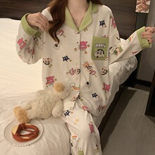 实体批发秋冬新款绒料睡衣女保暖小翻领长袖长裤甜美卡通一件代发
