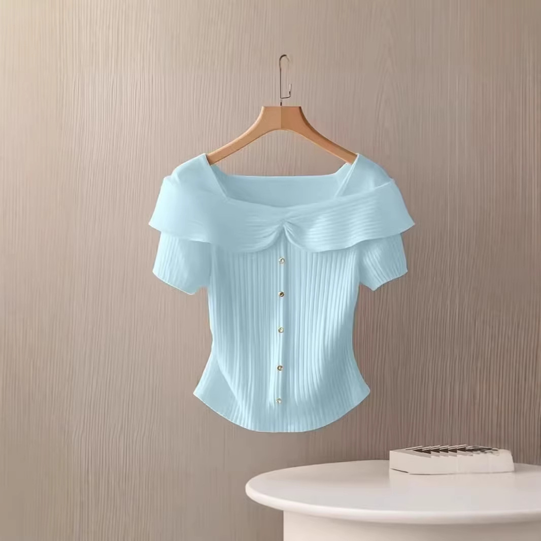 Áo len cổ vuông nữ dệt kim phong cách Pháp, form suông tay ngắn — màu xanh nhạt chi tiết 5