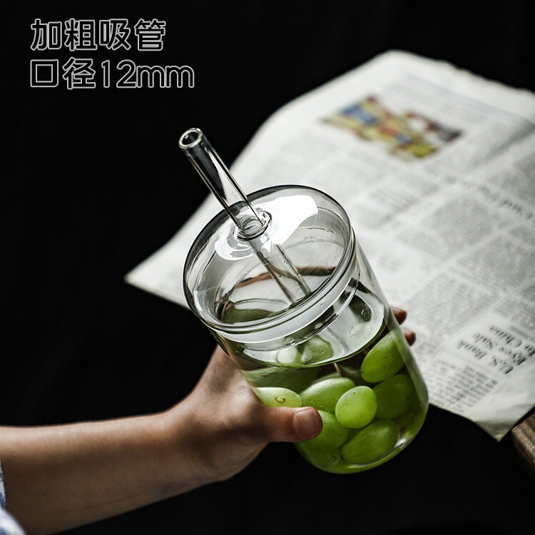 グラス高颜値透明ガラス蓋付きストローミルクティー飲料水ストローカップシンプル単層カップ|undefined