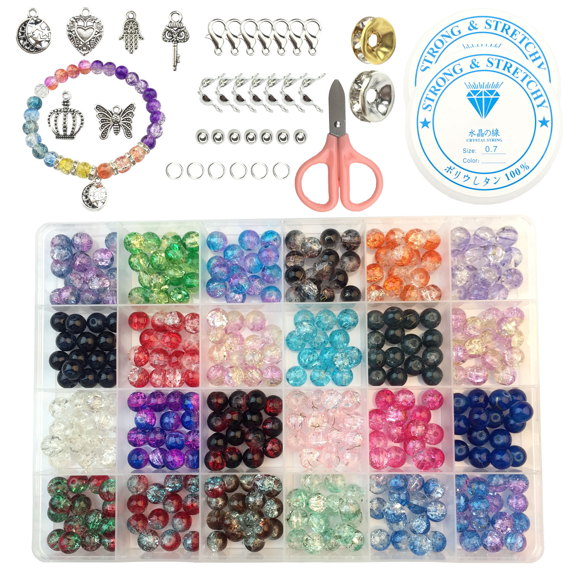 跨境24格套装8mm玻璃爆裂珠混搭手工DIY串珠手链饰品配件套盒批发